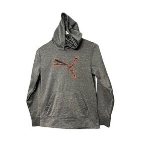 Puma Boys Hoodie Charcoal Gray Heather Athletic Sweatshirt Orange Striped Logo